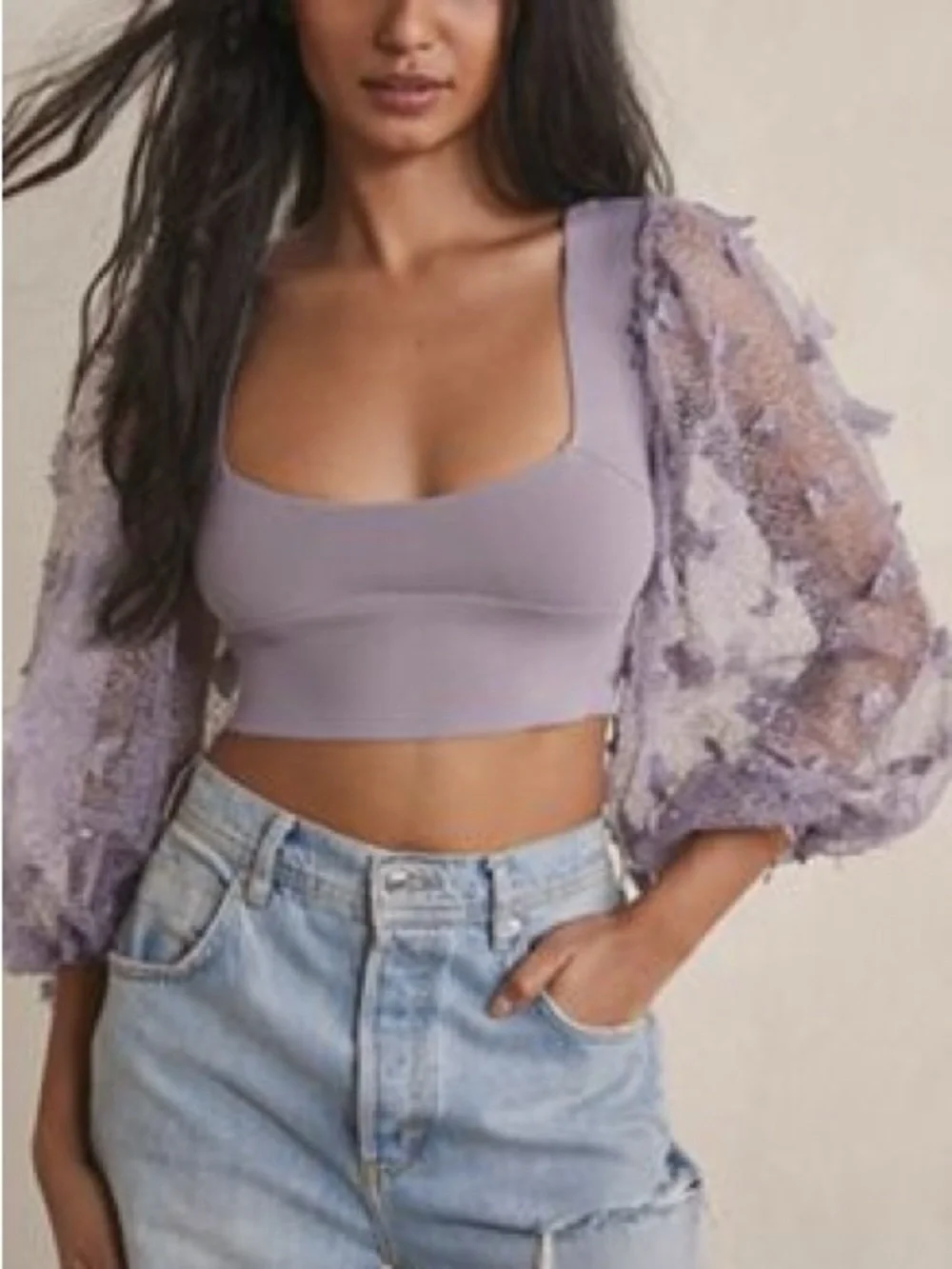 Free People Lavender Square-Neck Crop Top with Sheer Puff Sleeves